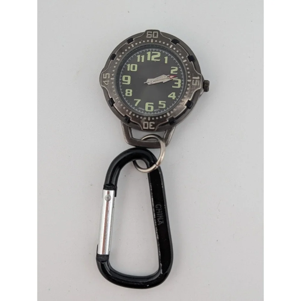 Carabiner Key Ring Watch Men's 42mm Gunmetal Tone Clip On New Battery